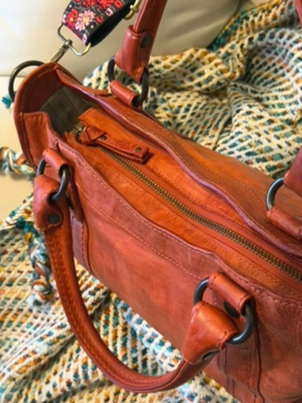 Frye Melissa Washed Leather Satchel Burnt Orange Boho Embroidered Strap EUC